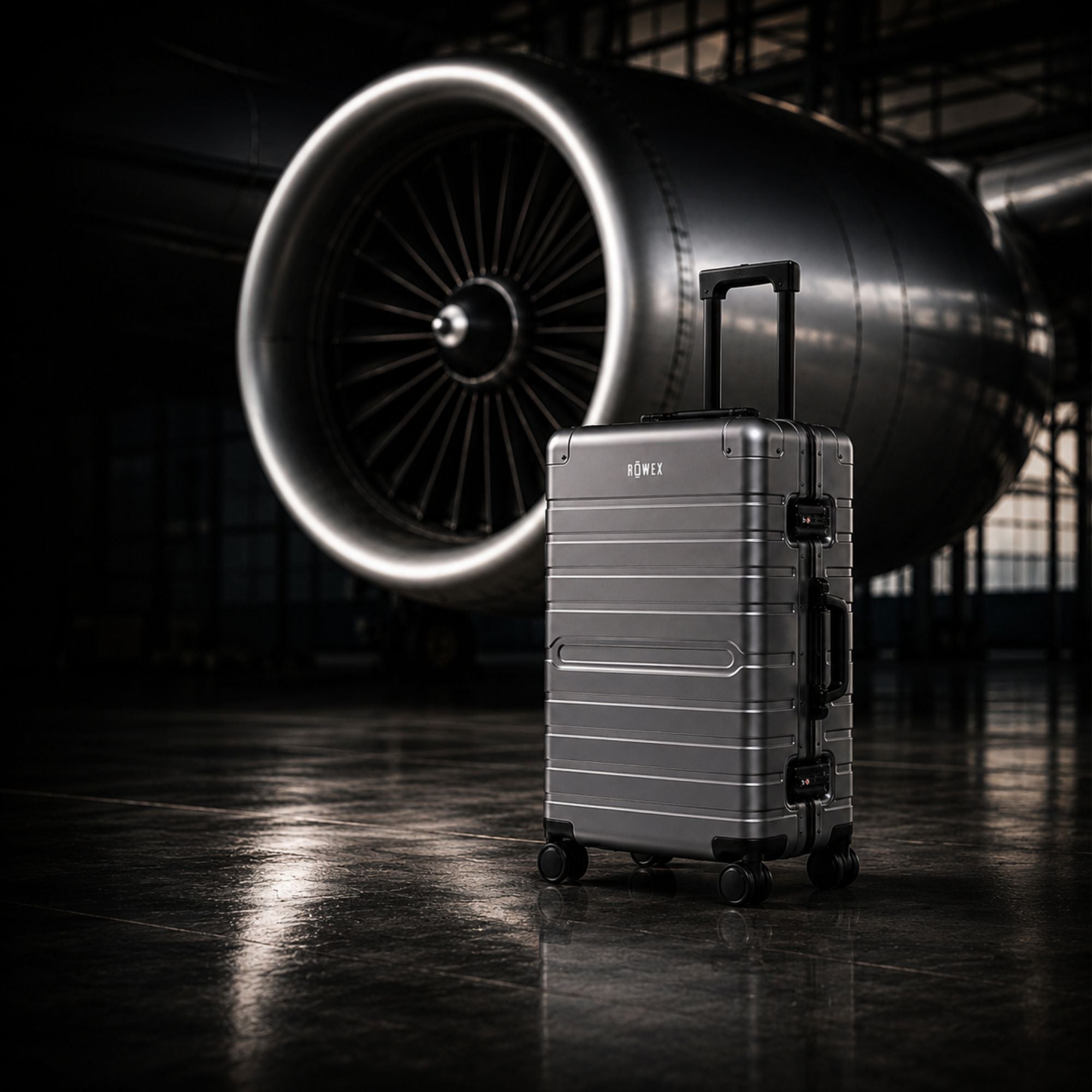 Premium Aluminiumkoffer von ROWEX im Flughafenterminal